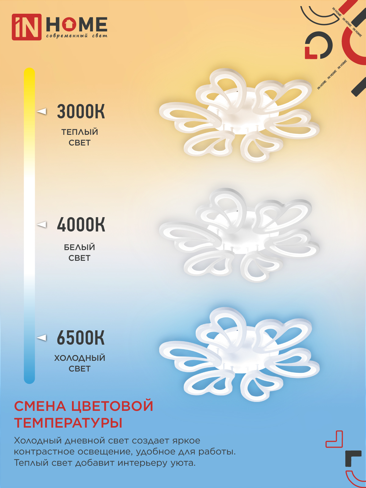 Светильник светодиодный ELEGANT IRIS 120Вт 230В 3000-6500K 607х535х85мм c пультом ДУ белый IN HOME в Уссурийске