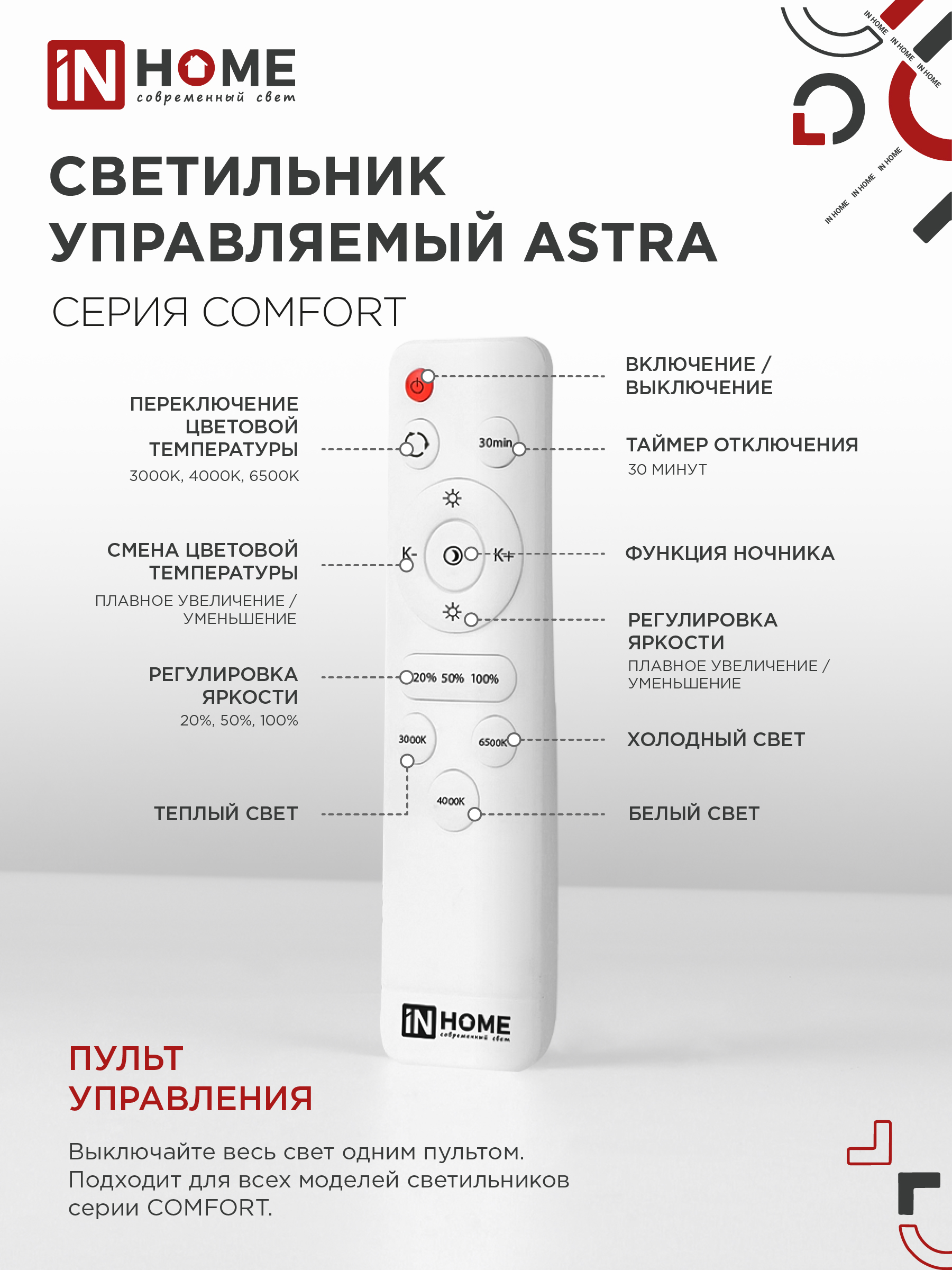 Светильник светодиодный COMFORT ASTRA 120Вт 230В 3000-6500K 9600Лм 500x100мм с пультом ДУ IN HOME в Уссурийске