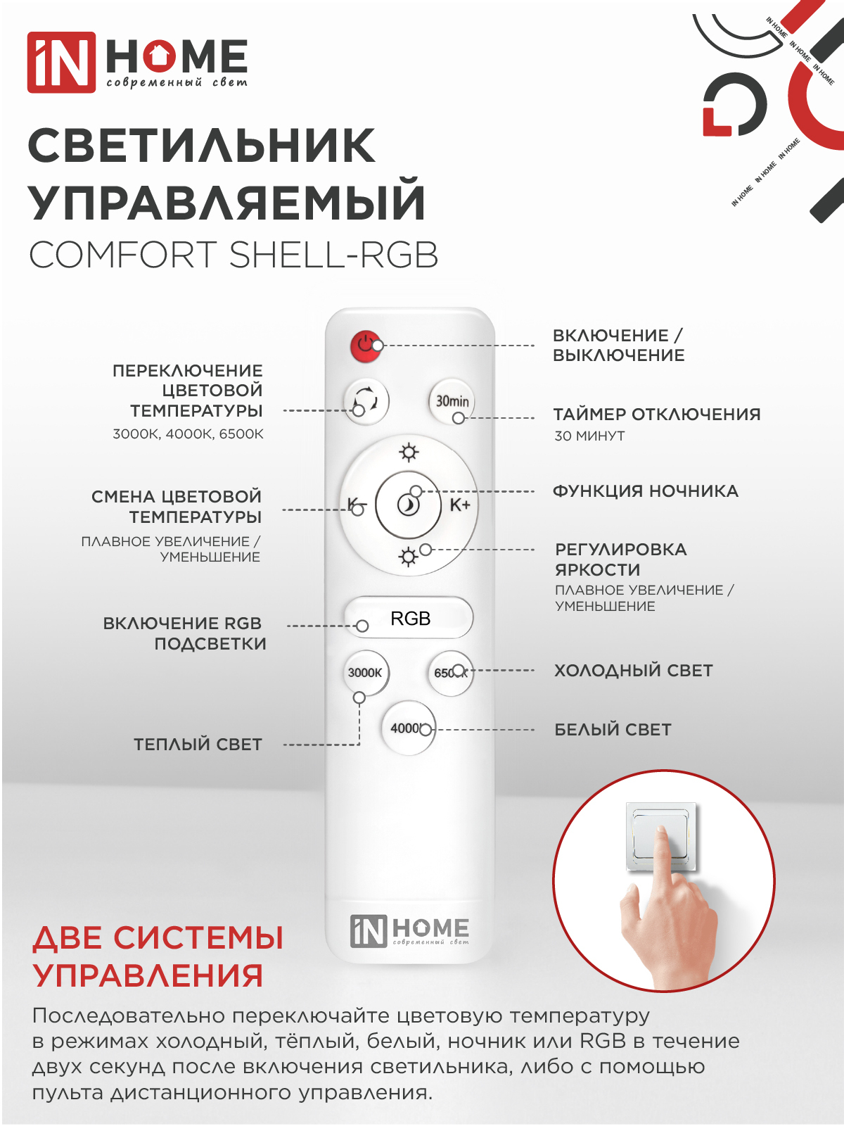 Светильник светодиодный COMFORT SHELL-RGB 125Вт 230В 3000-6500K 10000Лм 500x80мм с пультом ДУ IN HOME в Уссурийске