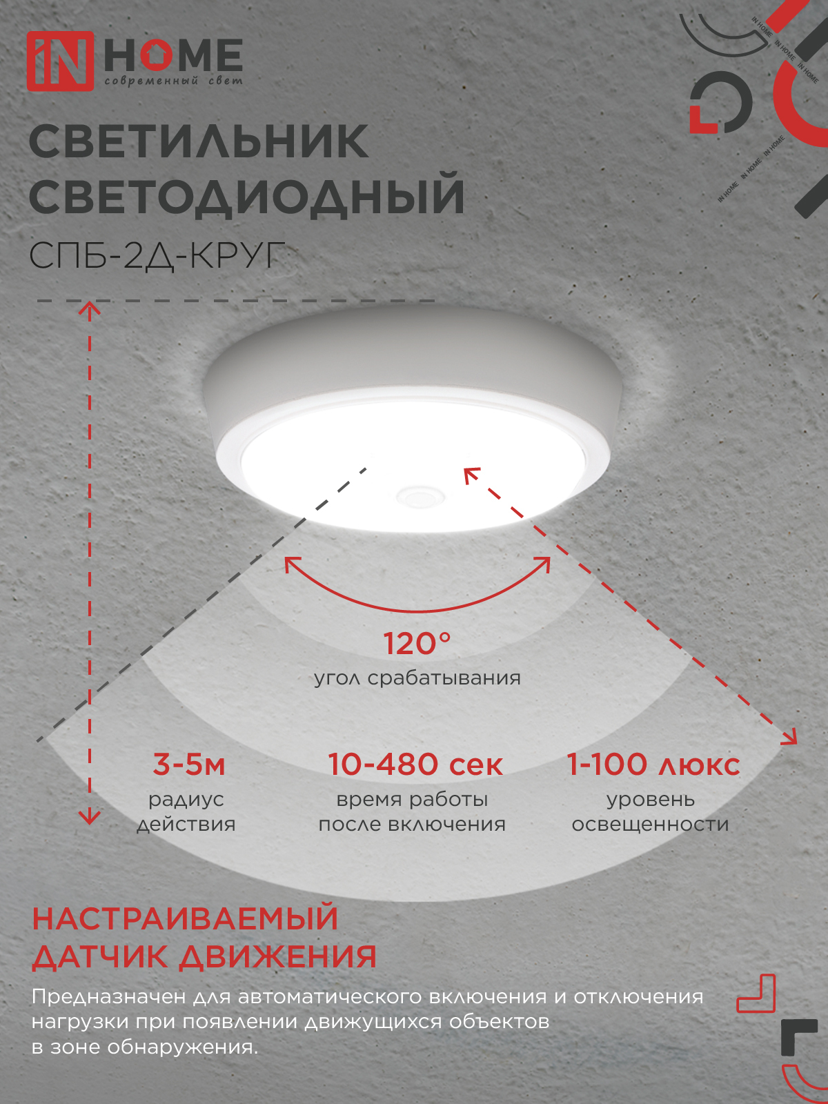 Светильник светодиодный СПБ-2Д-КРУГ 14Вт 230В 4000К 1100Лм 210мм с настраиваемым датчиком белый IN HOME в Уссурийске