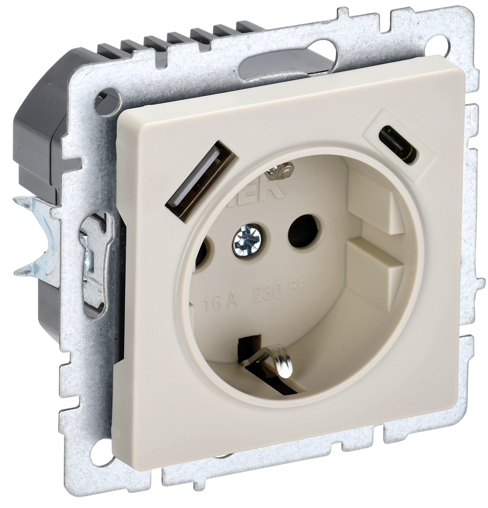 Розетка одинарная с з/к со шторками 16А с USB A+C 18Вт BRITE IEK бежевая в Уссурийске