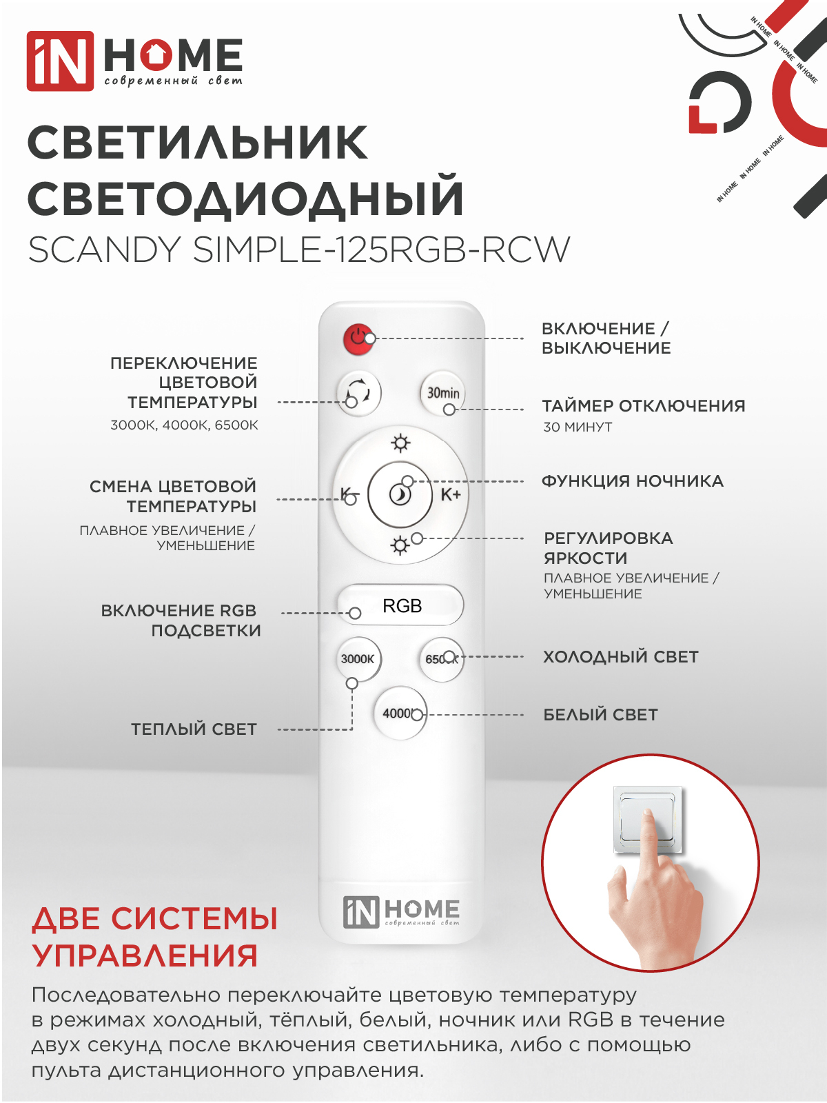 Светильник светодиодный SCANDY SIMPLE-125RGB-RCW 125Вт 230В 3000-6500K 10000Лм 400x50мм пульт ДУ белый IN HOME в Уссурийске