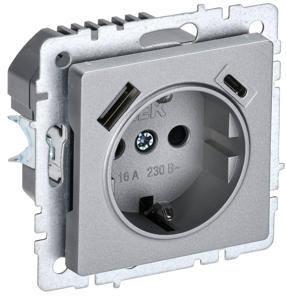 Розетка одинарная с з/к со шторками 16А с USB A+C 18Вт BRITE IEK алюминий в Уссурийске