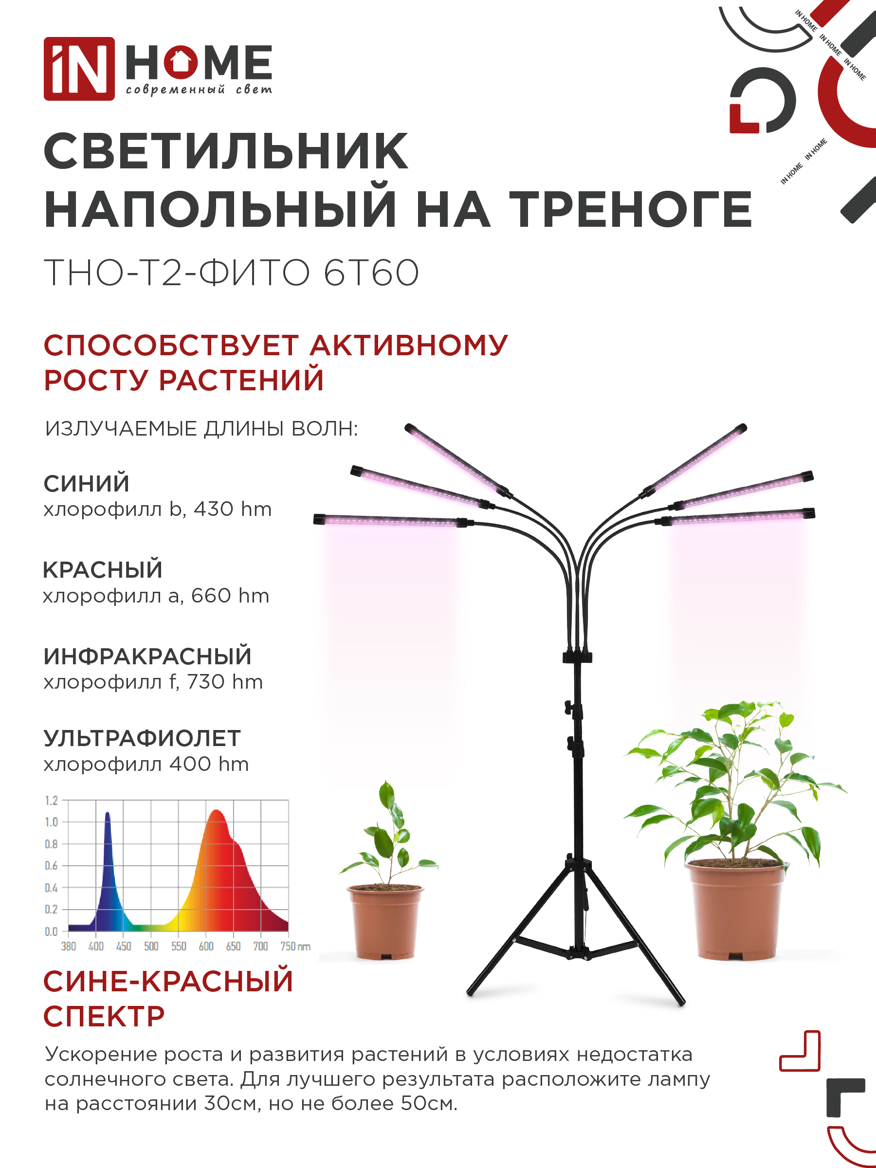 Светильник напольный на треноге светодиодный ТНО-Т2-ФИТО красно-синий 6Т60 60Вт 6 плафонов, пульт на шнуре IN HOME в Уссурийске