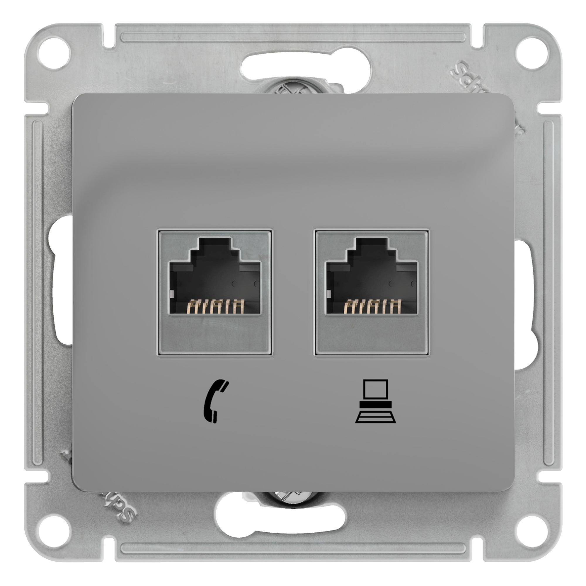 Розетка двойная телефонная компьютерная RJ11+RJ45 Glossa SE алюминий в Уссурийске
