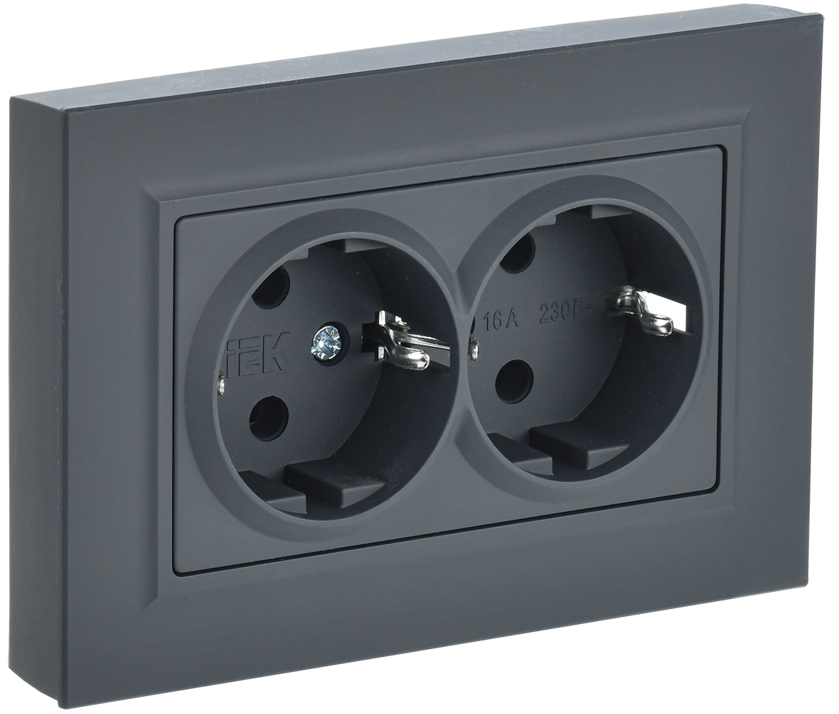 Розетка двойная с з/к со шторками 16А BRITE IEK графит в сборе в Уссурийске