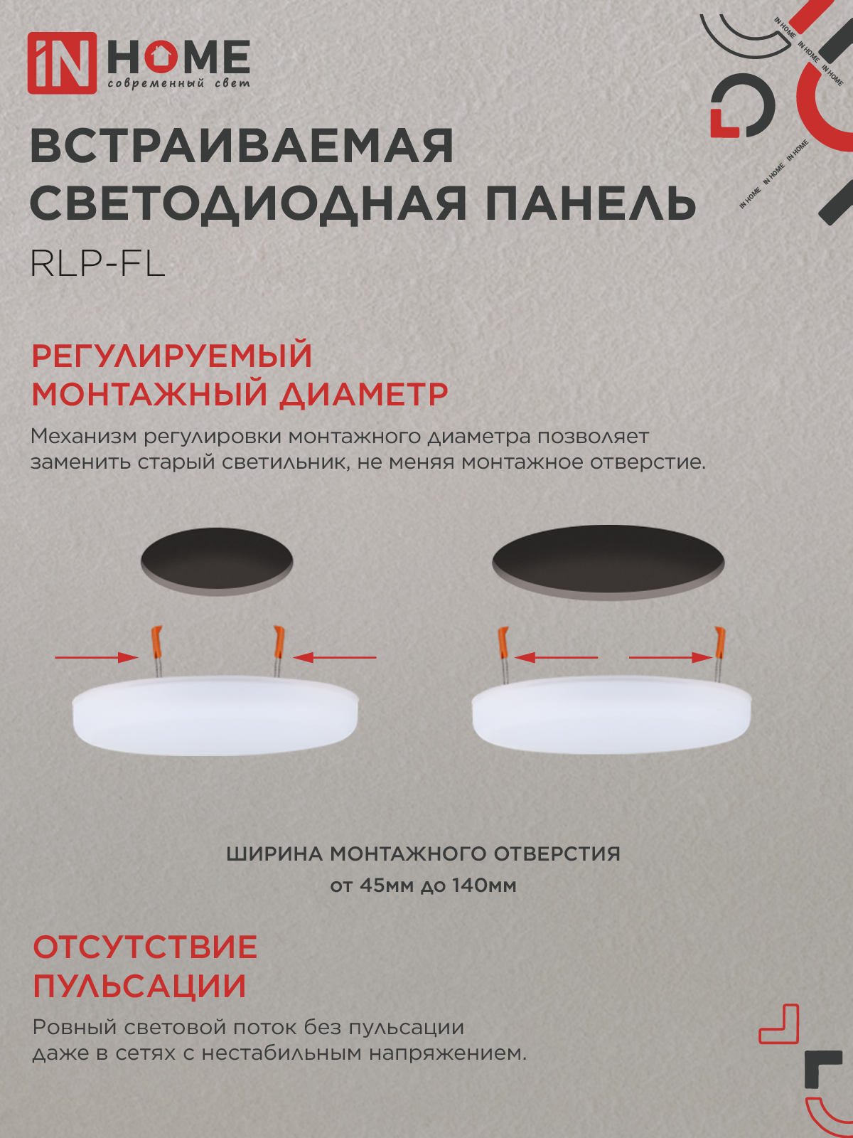 Панель светодиодная встраиваемая безрамочная RLP-FL 24Вт 230В 6500К 2160Лм 170мм с регулируемым монтажом 45-140мм белая IP20 IN HOME в Уссурийске