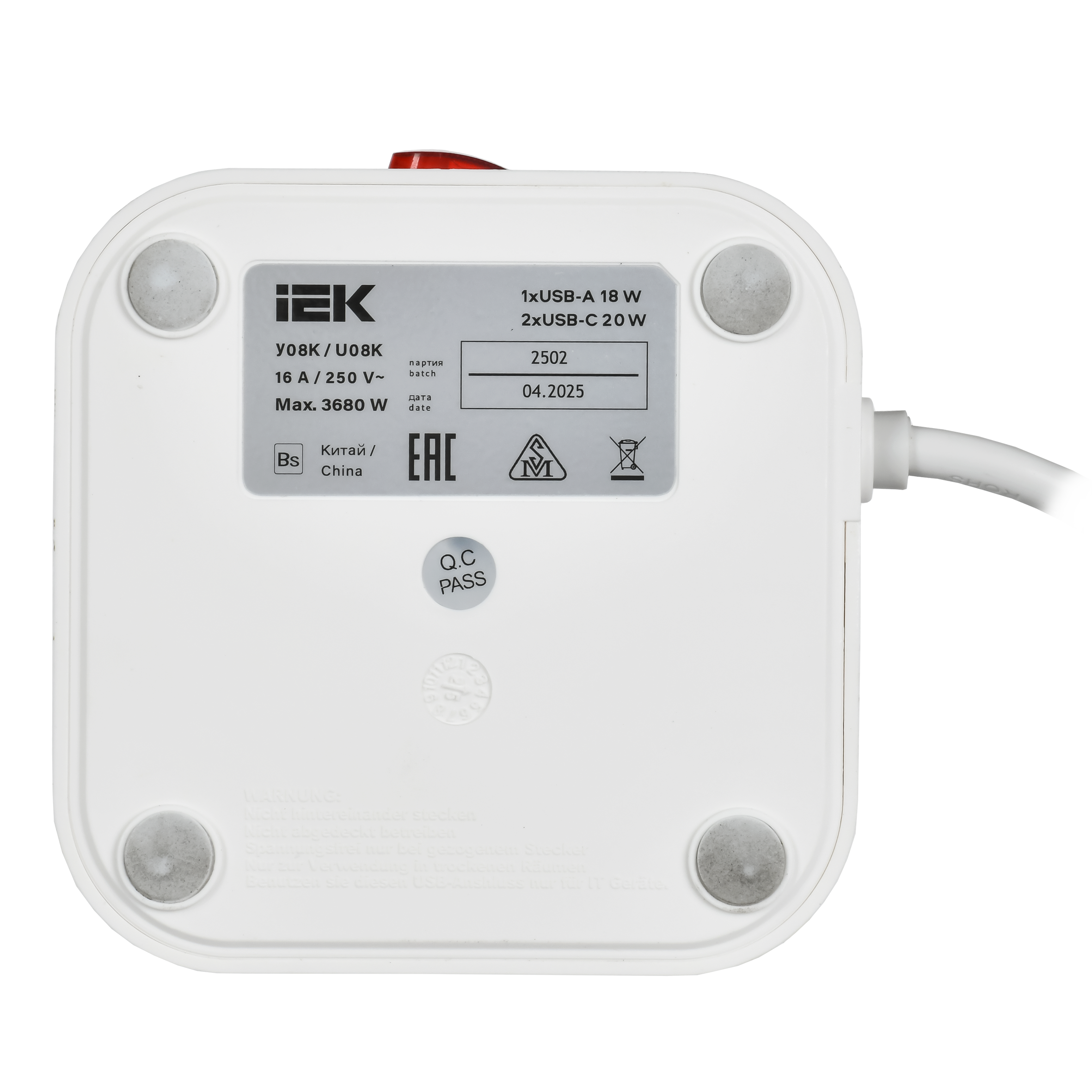Удлинитель DOMINIC У08K 1,5м 3х1мм2 USB A+C 20Вт белый IEK в Уссурийске