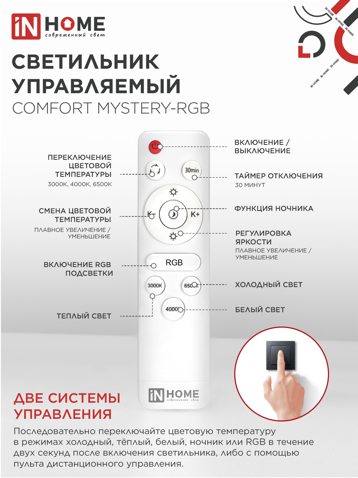 Светильник светодиодный COMFORT MYSTERY-RGB 125Вт 230В 3000-6500K 10000Лм 500x80мм с пультом ДУ IN HOME в Уссурийске