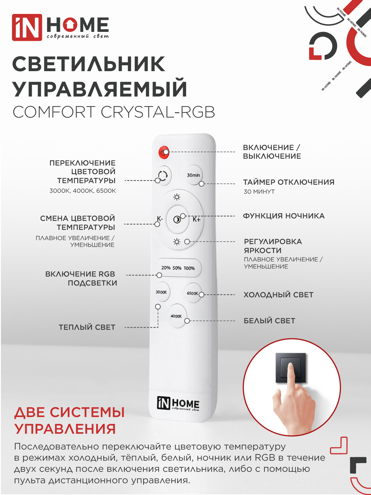 Светильник светодиодный COMFORT CRYSTAL-RGB 125Вт 230В 3000-6500K 10000Лм 500x115мм с пультом ДУ IN HOME в Уссурийске