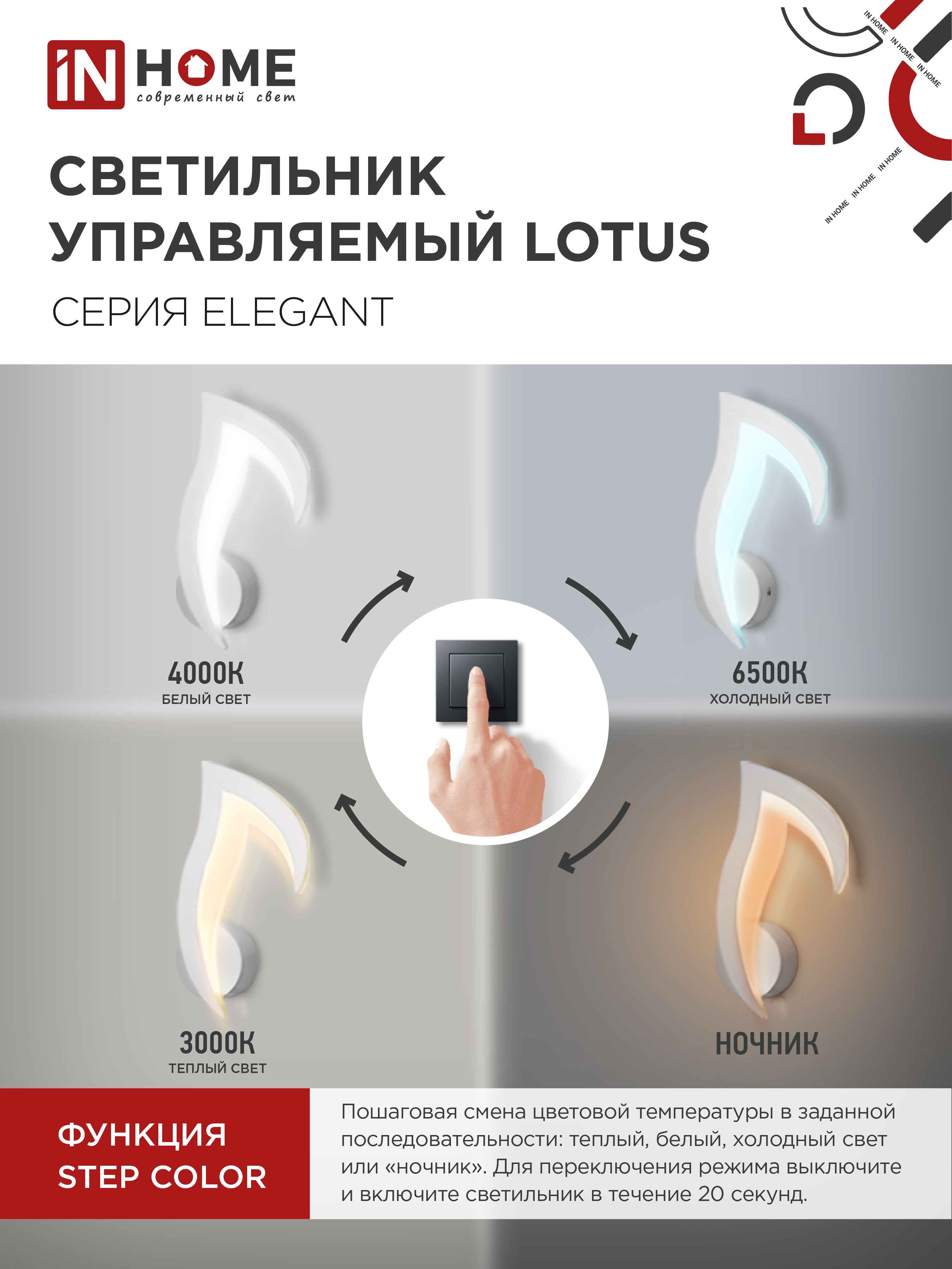 Светильник светодиодный ELEGANT LOTUS 15Вт 230В 3000-6500K 1200Лм STEP COLOR белый IN HOME в Уссурийске
