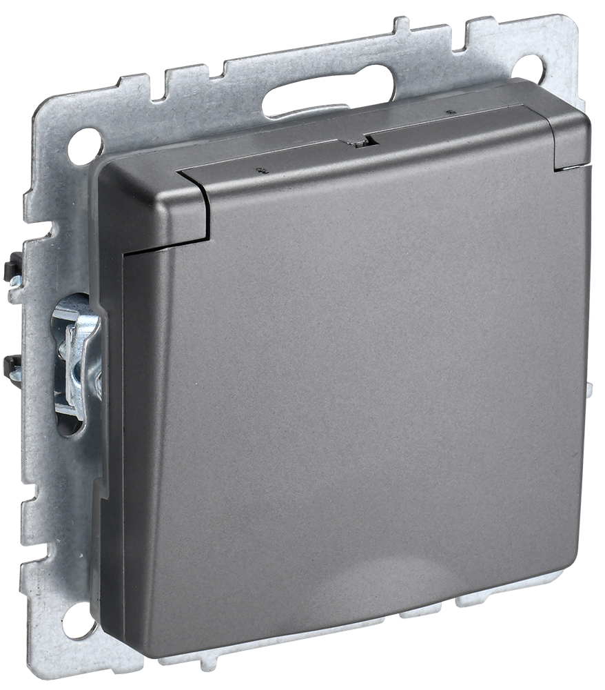 Розетка одинарная с з/к со шторками с крышкой 16А IP44 BRITE IEK сталь в Уссурийске