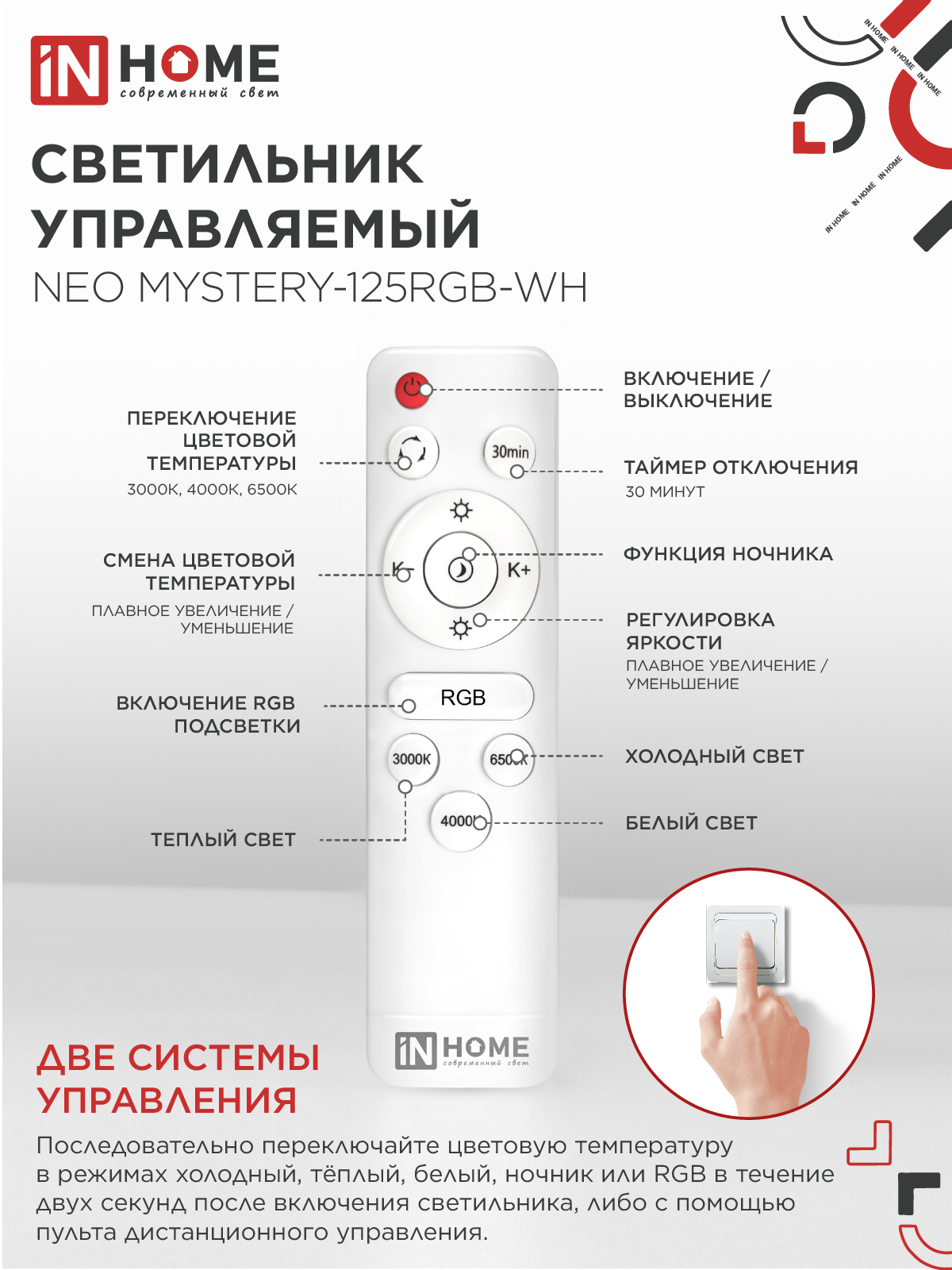 Светильник светодиодный NEO MYSTERY-125RGB-WH 125Вт 230В 3000-6500K 10000Лм 465x60мм ДУ белый IN HOME в Уссурийске