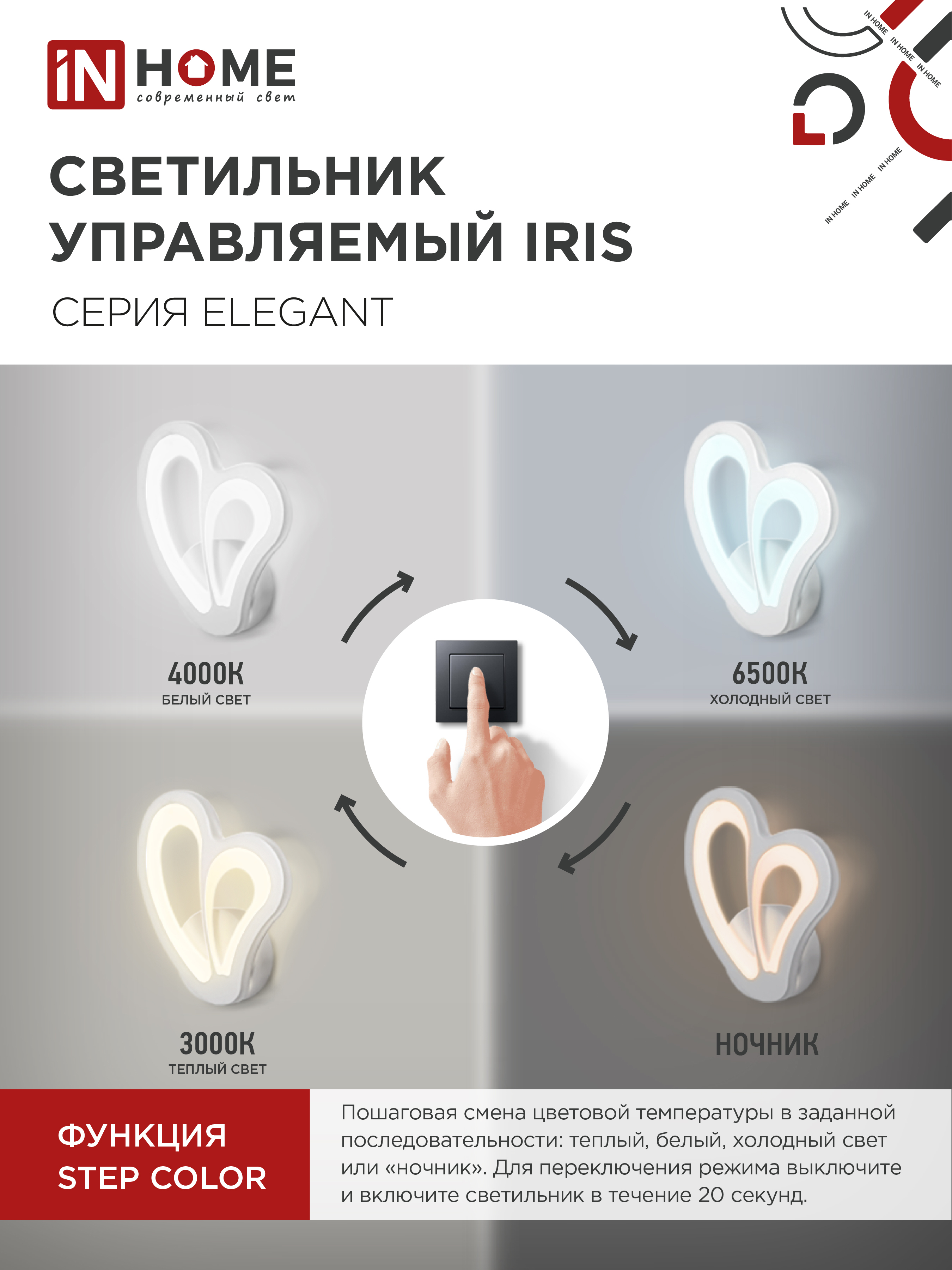 Светильник светодиодный ELEGANT IRIS 15Вт 230В 3000-6500K 1200Лм STEP COLOR белый IN HOME в Уссурийске