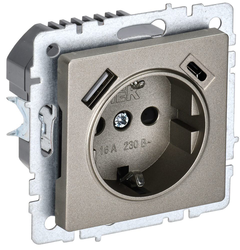 Розетка одинарная с з/к со шторками 16А с USB A+C 18Вт BRITE IEK шампань в Уссурийске