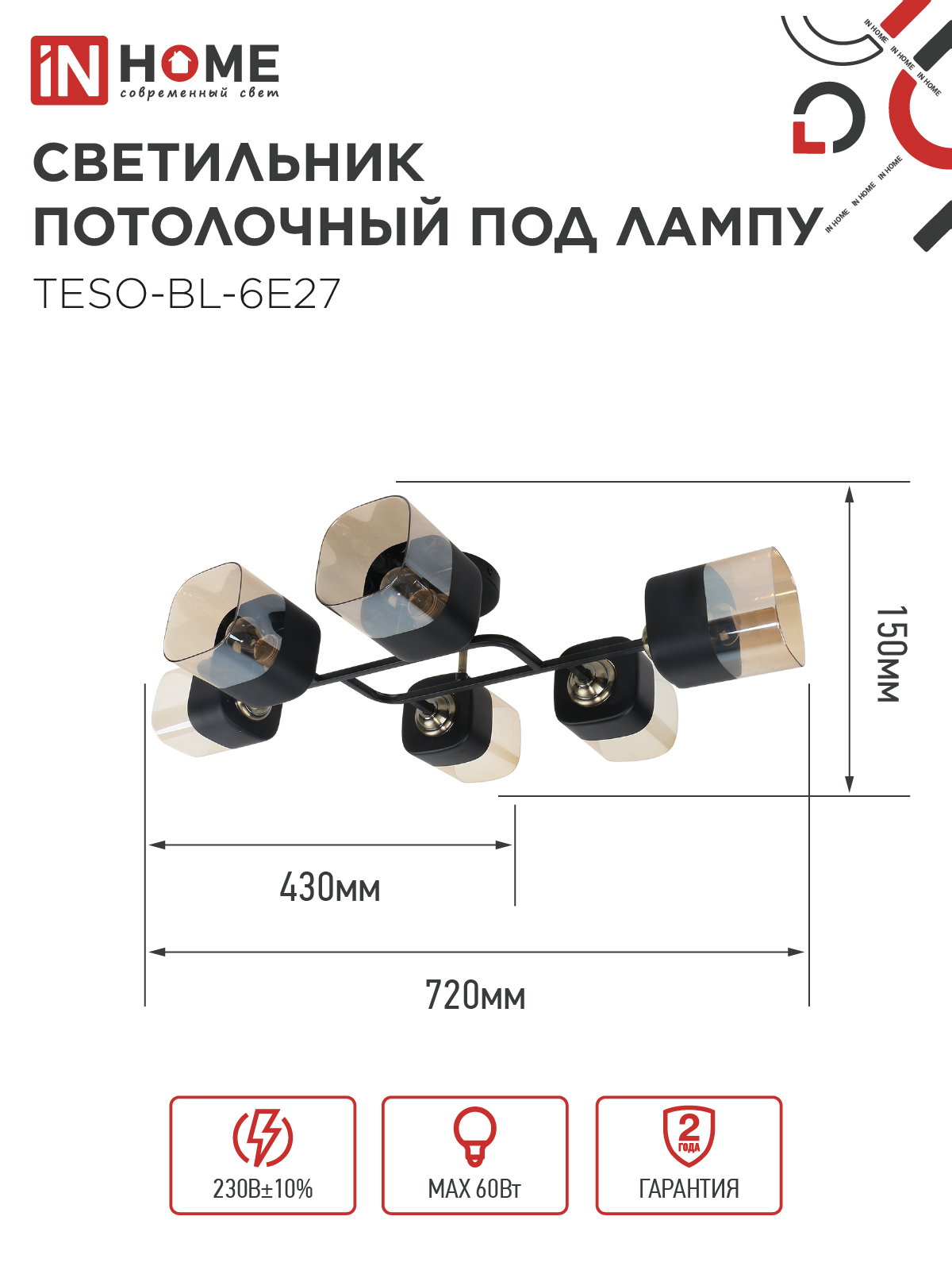 Светильник потолочный под лампу AURA TESO-BL-6E27 720x430x150 черный, золото IN HOME в Уссурийске
