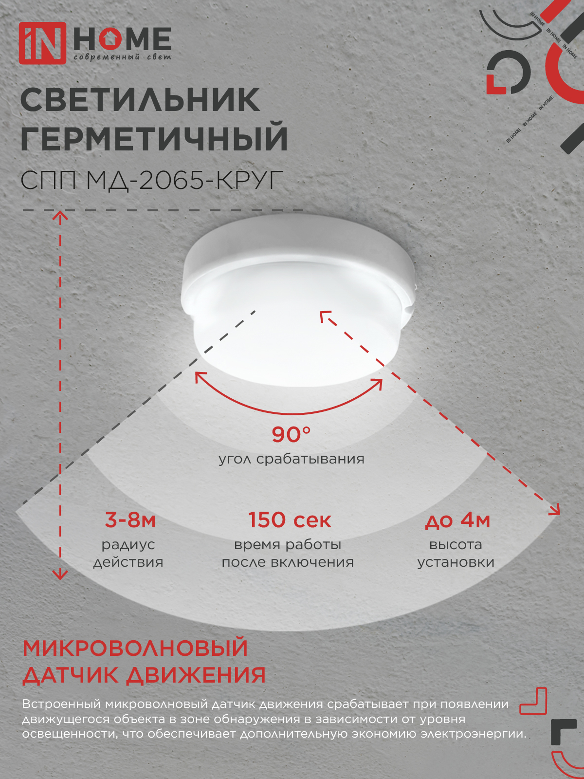 Светильник светодиодный герметичный СПП МД-2065-КРУГ 20Вт 6500К 1800Лм с микроволновым датчиком IP65 155мм IN HOME в Уссурийске