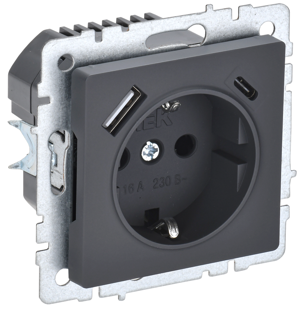 Розетка одинарная с з/к со шторками 16А с USB A+C 18Вт BRITE IEK графит в Уссурийске