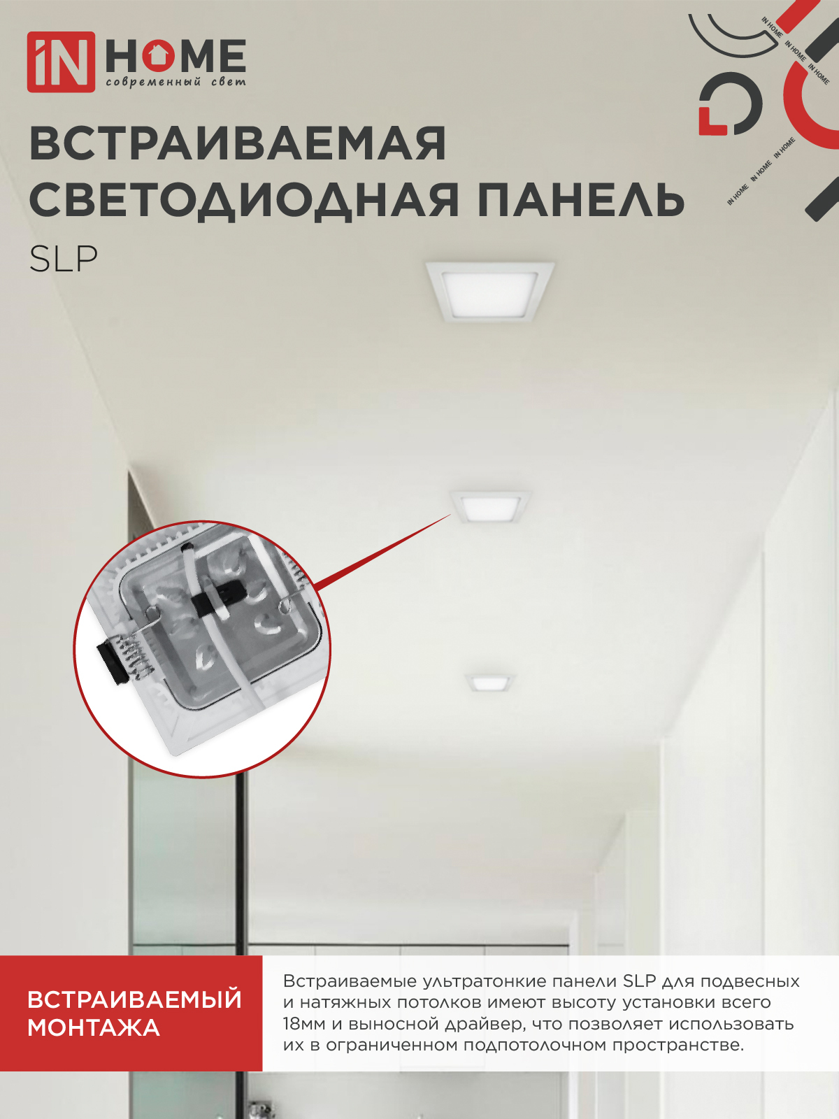 Панель светодиодная встраиваемая квадратная SLP 12Вт 230В 4000К 840Лм 171мм белая IP40 IN HOME в Уссурийске