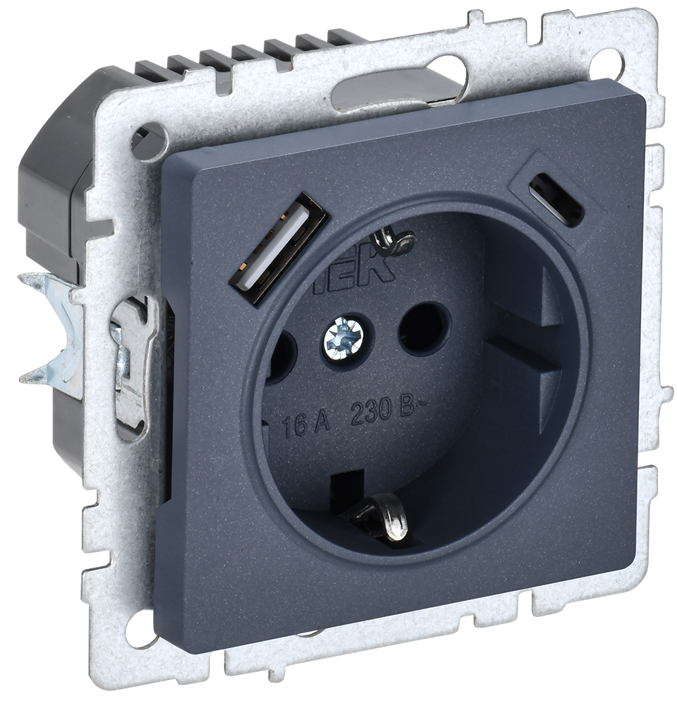 Розетка одинарная с з/к со шторками 16А с USB A+C 18Вт BRITE IEK маренго в Уссурийске