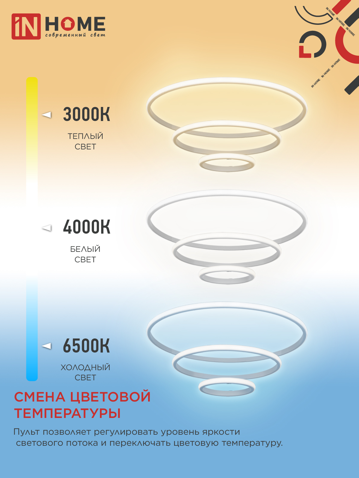 Светильник светодиодный ESTETIKA RING-140RC-3WH 140Вт 230В 3000-6500K 600/400/200 1.2м трос пульт ДУ белый IN HOME в Уссурийске
