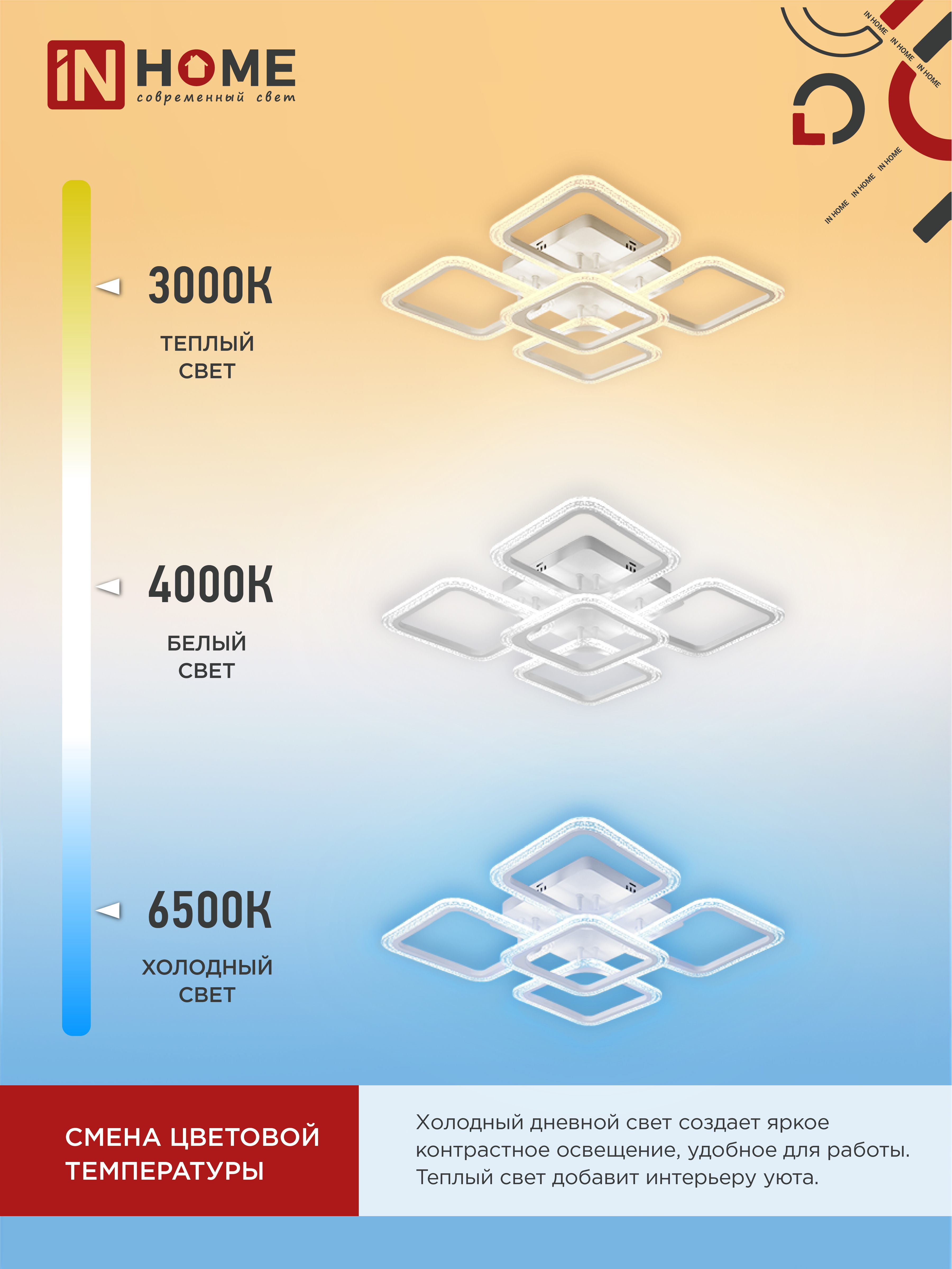 Светильник светодиодный ELEGANT ARIS-W-BG 90Вт 230В 3000-6500K 7000Лм 557х557х115мм пульт ДУ белый IN HOME в Уссурийске