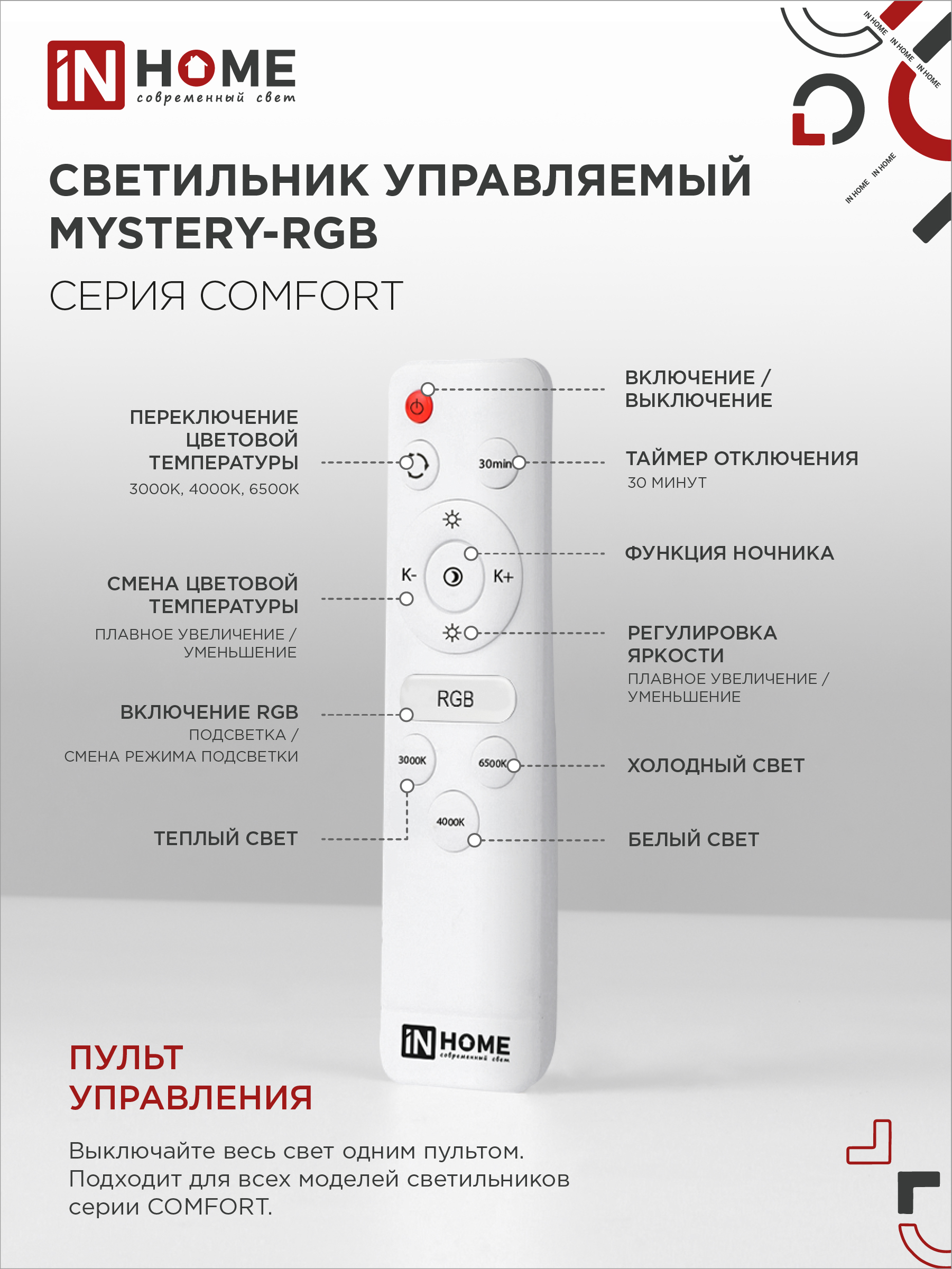 Светильник светодиодный COMFORT MYSTERY-RGB 80Вт 230В 3000-6500K 6000Лм 500x80мм с пультом ДУ IN HOME в Уссурийске