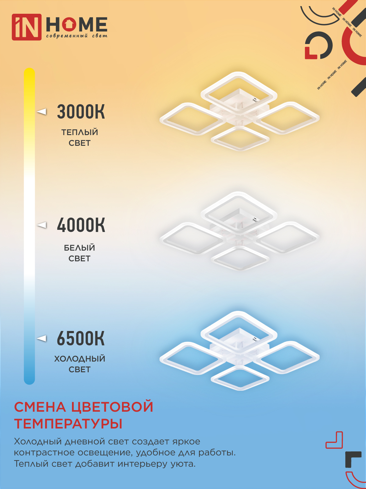 Светильник светодиодный ELEGANT ARIS-W 60Вт 230В 3000-6500K 4700Лм 450х450х75мм c пультом ДУ белый IN HOME в Уссурийске