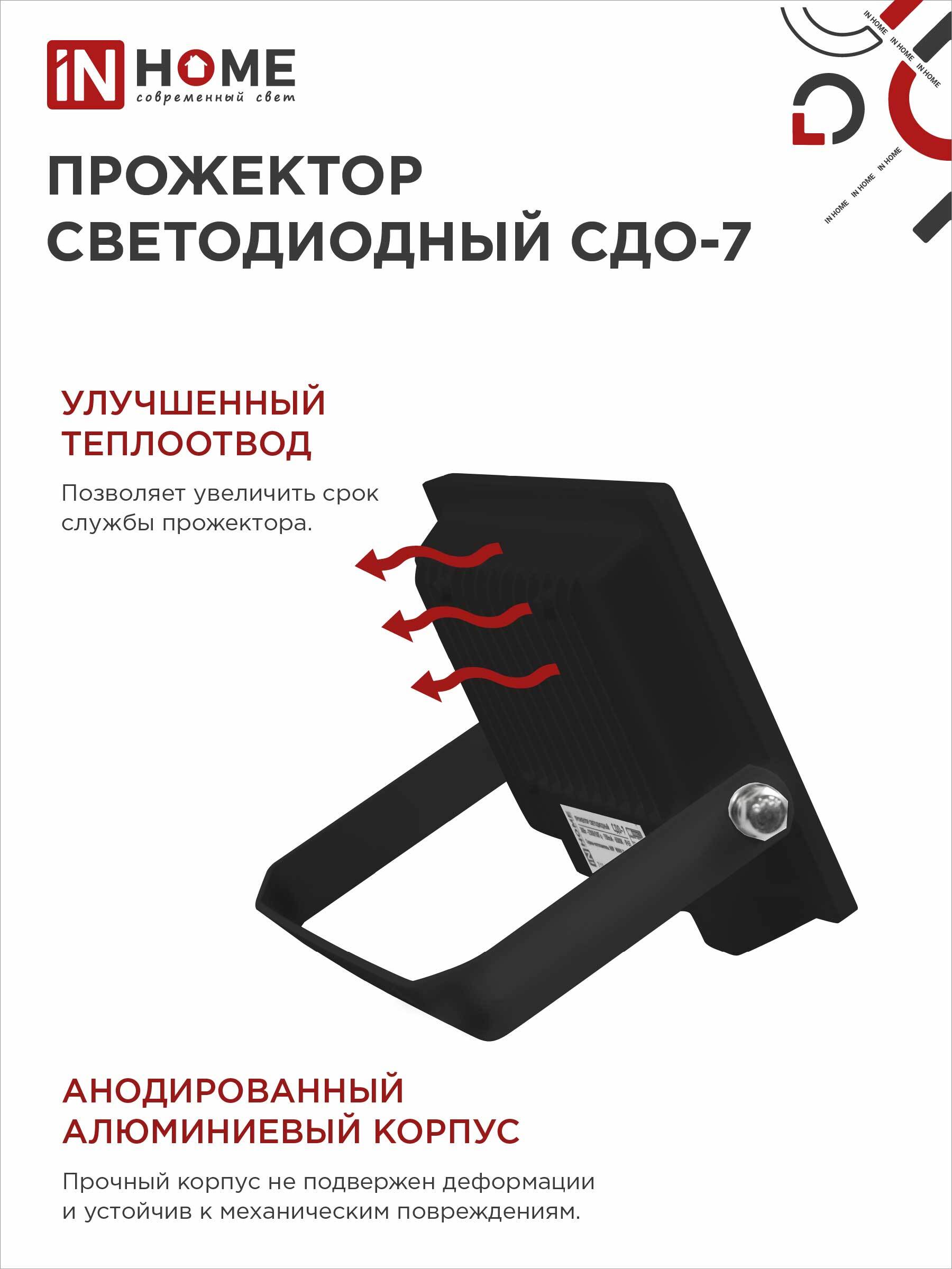 Прожектор светодиодный СДО-7 20Вт 230В 6500К IP65 черный IN HOME в Уссурийске