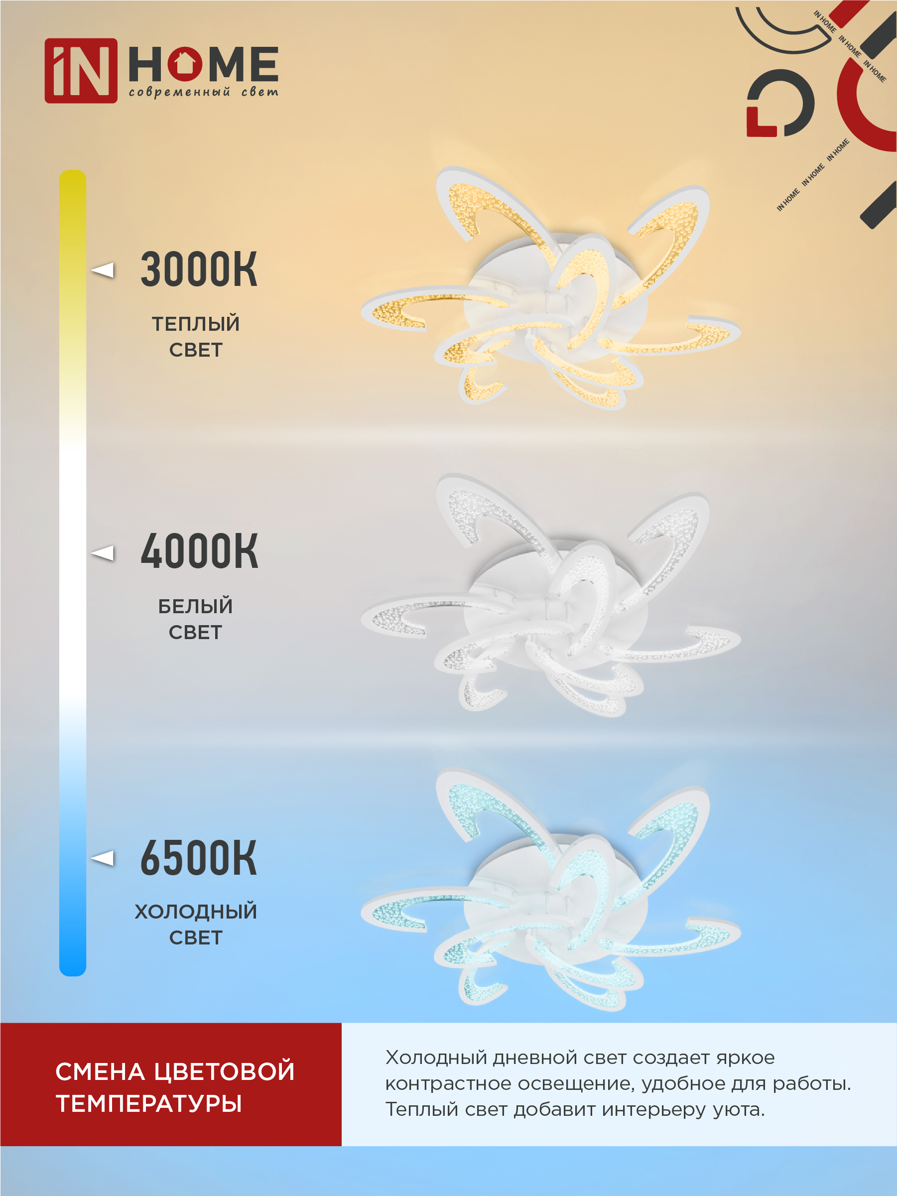 Светильник светодиодный ELEGANT ORBIT 120Вт 230В 3000-6500K 925х810х120мм c пультом ДУ белый IN HOME в Уссурийске