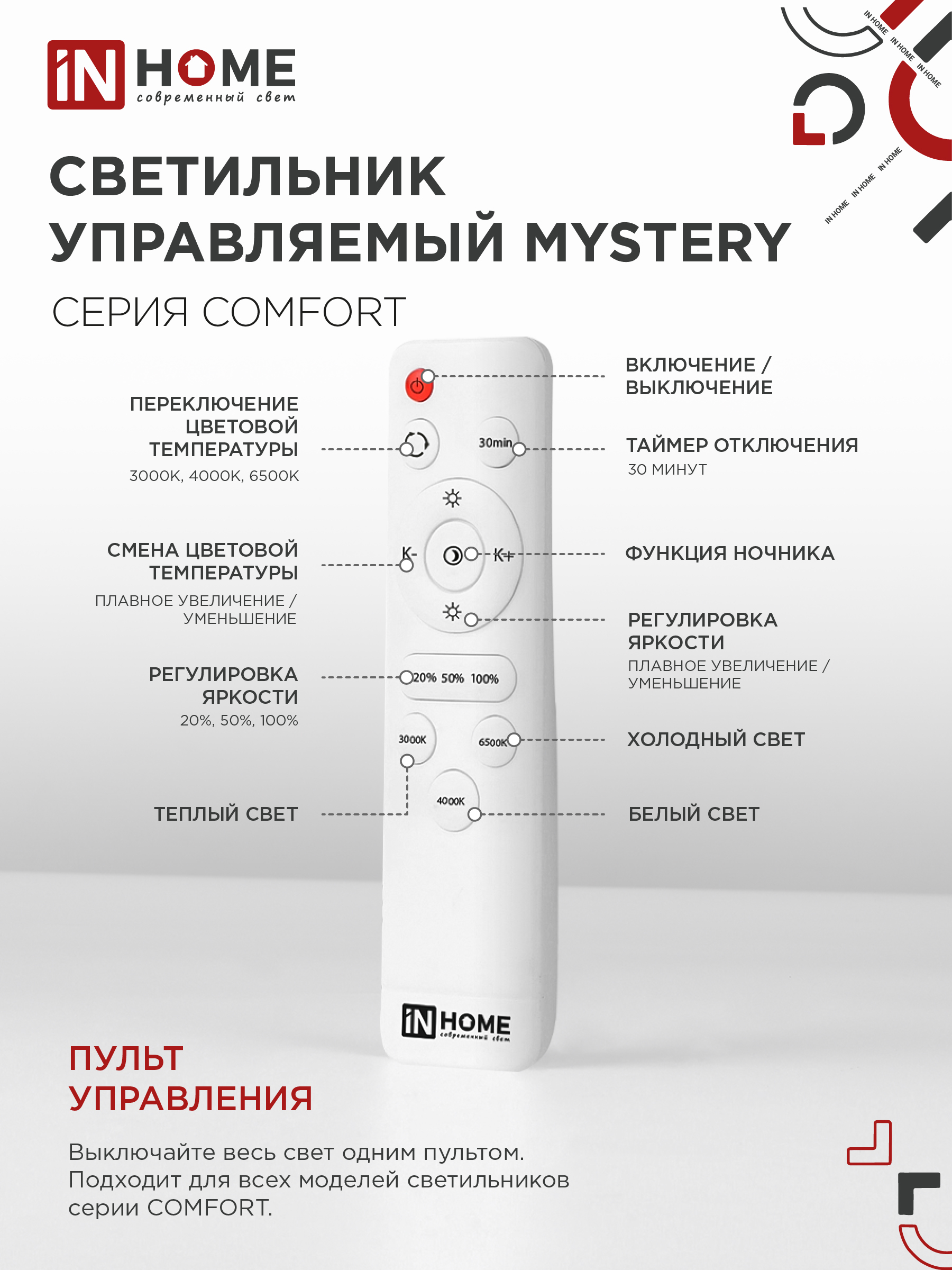 Светильник светодиодный COMFORT MYSTERY 120Вт 230В 3000-6500K 9600Лм 500x85мм с пультом ДУ IN HOME в Уссурийске