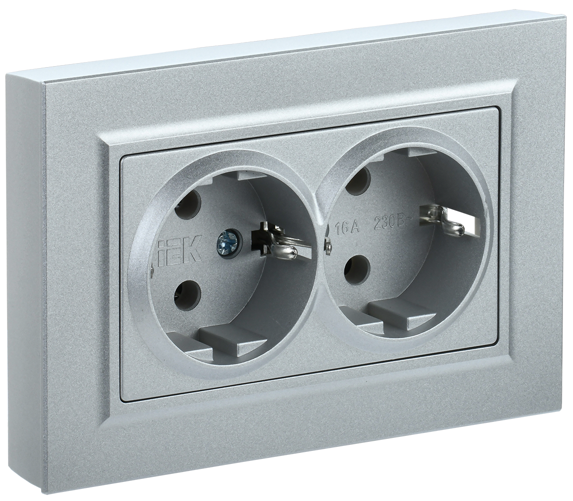 Розетка двойная с з/к со шторками 16А BRITE IEK сталь в сборе в Уссурийске