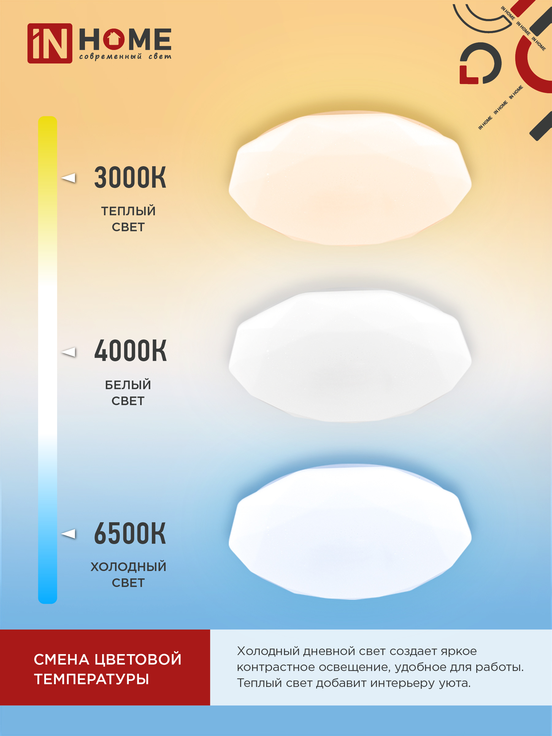 Светильник светодиодный COMFORT DIAMOND 36Вт 230В 3000-6500K 2900Лм 350x90мм с пультом ДУ IN HOME в Уссурийске