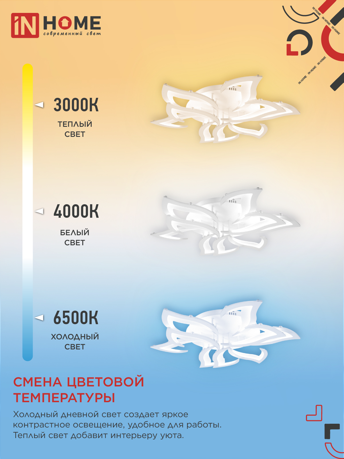 Светильник светодиодный ELEGANT LOTUS 120Вт 230В 3000-6500K 810х700х120мм c пультом ДУ белый IN HOME в Уссурийске