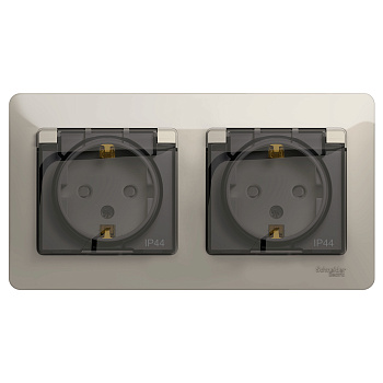 Розетка двойная Glossa SE с заземлением со шторками IP44 молочная сборе в Уссурийске
