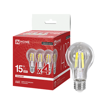 Лампа светодиодная LED-A60-deco 4PACK 15Вт 230В Е27 4000К 1480Лм (4шт./упак) прозрачная IN HOME в Уссурийске