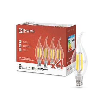 Лампа светодиодная LED-СВЕЧА НА ВЕТРУ-deco 4PACK 9Вт 230В Е14 4000К 1040Лм (4шт./упак) прозрачная IN HOME в Уссурийске