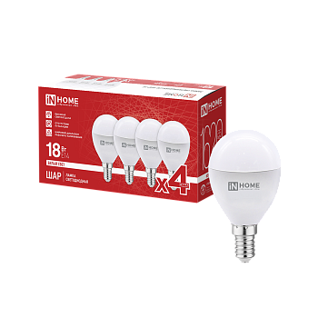 Лампа светодиодная LED-ШАР-VC 4PACK 18Вт 230В Е14 4000К 1620Лм (4шт./упак) IN HOME в Уссурийске