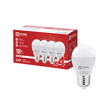 Лампа светодиодная LED-ШАР-VC 4PACK 18Вт 230В Е27 4000К 1620Лм (4шт./упак) IN HOME в Уссурийске