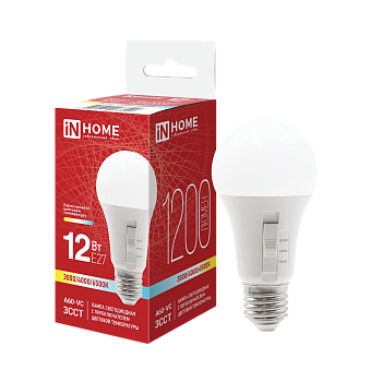 Лампа светодиодная LED-A60-VC 12Вт 230В Е27 1200Лм 3ССТ 3000/4000/6500К с переключателем на лампе IN HOME в Уссурийске