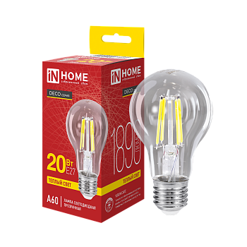 Лампа светодиодная LED-A60-deco 20Вт 230В Е27 3000К 1890Лм прозрачная IN HOME в Уссурийске
