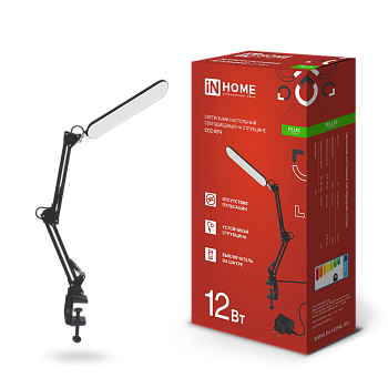 Светильник настольный светодиодный PLUS ССС-05Ч 12Вт 6500К 500Лм, USB, с адаптером, на струбцине ЧЕРНЫЙ IN HOME в Уссурийске