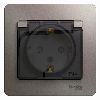 Розетка одинарная Glossa SE IP44 с заземлением со шторками с крышкой платина в сборе в Уссурийске