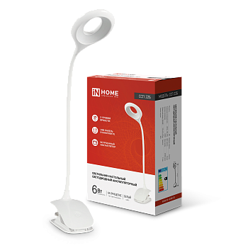 Светильник настольный светодиодный CRAFT ССП-22Б аккумулятор 6Вт 480Лм, сенсор-диммер, USB-кабель, на прищепке БЕЛЫЙ IN HOME в Уссурийске