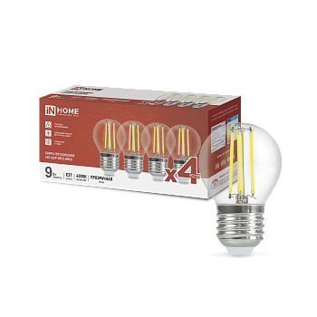 Лампа светодиодная LED-ШАР-deco 4PACK 9Вт 230В Е27 4000К 1040Лм (4шт./упак) прозрачная IN HOME в Уссурийске