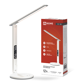Светильник настольный светодиодный PLUS ССО-18Б 12Вт 3000-6500К 600Лм сенсор, с беспроводной зарядкой, часы, температура, с адаптером БЕЛЫЙ IN HOME в Уссурийске