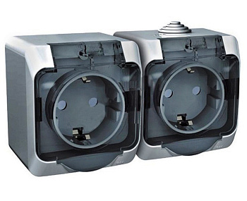 Розетка двойная ЭТЮД SE накладная со шторками c крышкой полугерметичная с з/к серая в Уссурийске