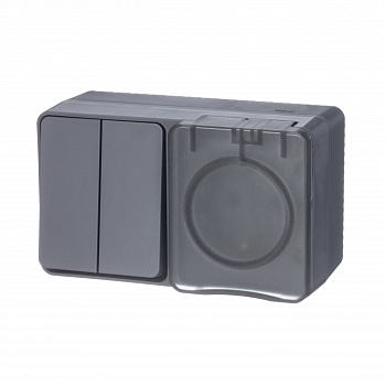 Выключатель двухклавишный с розеткой AtlasDesign SE Profi54 с заземлением со шторкой с крышкой накладной антрацит в Уссурийске