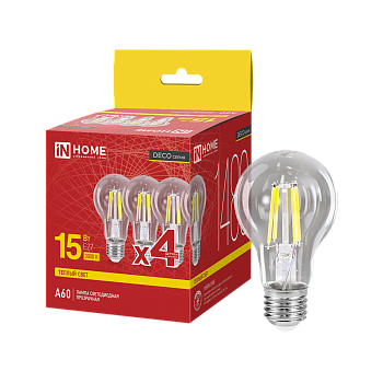 Лампа светодиодная LED-A60-deco 4PACK 15Вт 230В Е27 3000К 1480Лм (4шт./упак) прозрачная IN HOME в Уссурийске