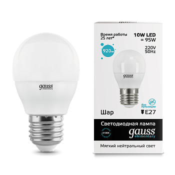 Лампа светодиодная LED-ШАР 10Вт E27 4100K 920Лм Elementary GAUSS в Уссурийске